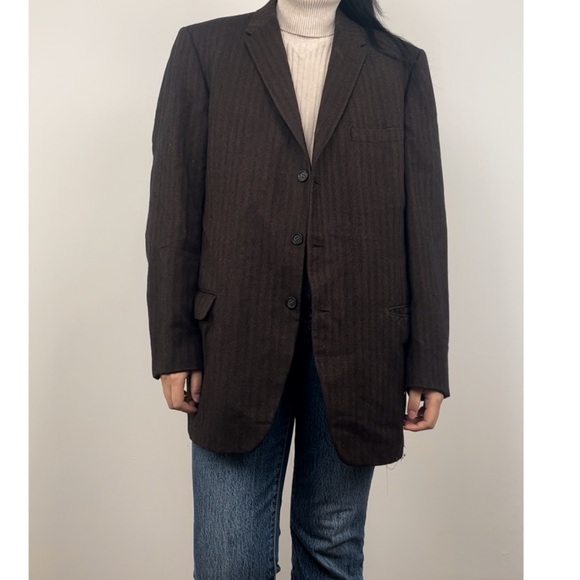 Vintage Brown Striped Wool Cashmere Boyfriend Oversized Blazer - Picture 1 of 8
